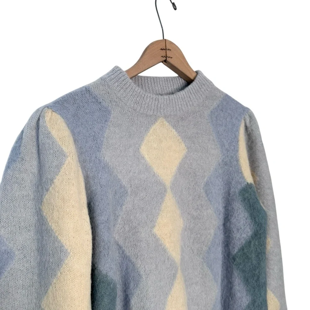 J. CREW Diamond Checked Argyle Cropped Crewneck Sweater Blue Cream Size Small